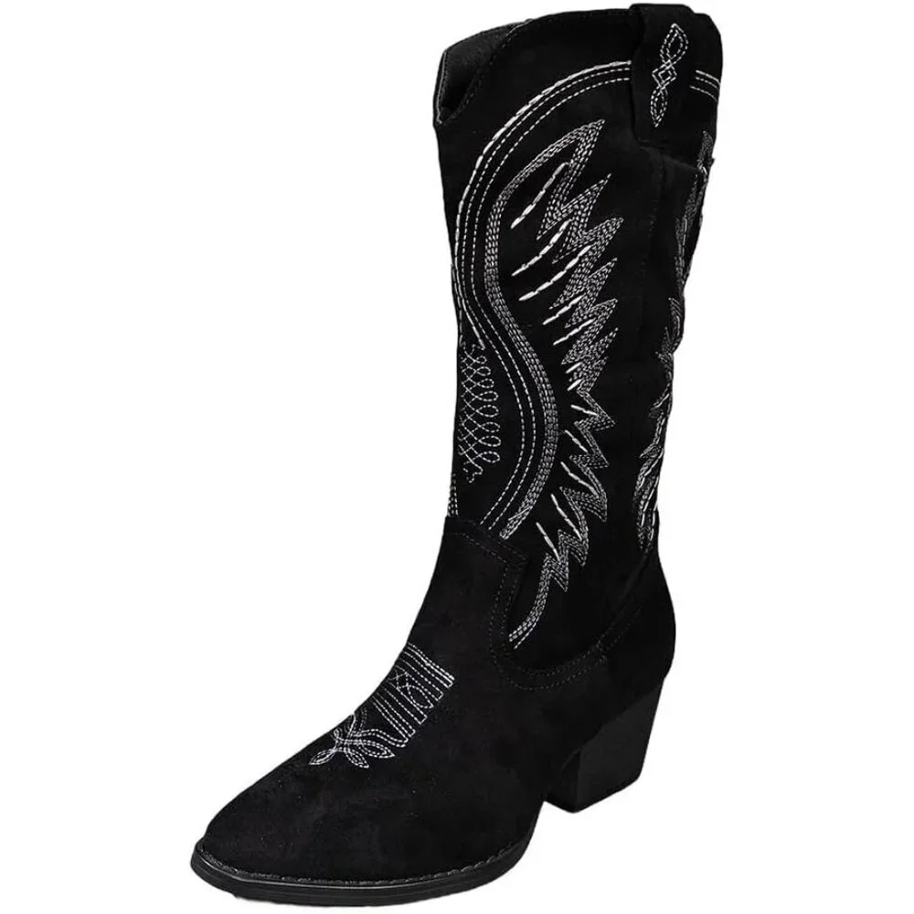 Womens Black Western Cowboy Boots Embroidered Ankle Booties Block Heel Zips
